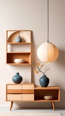 Minimalist Wooden Furniture with Geometric Light and Vases Home Interior Display