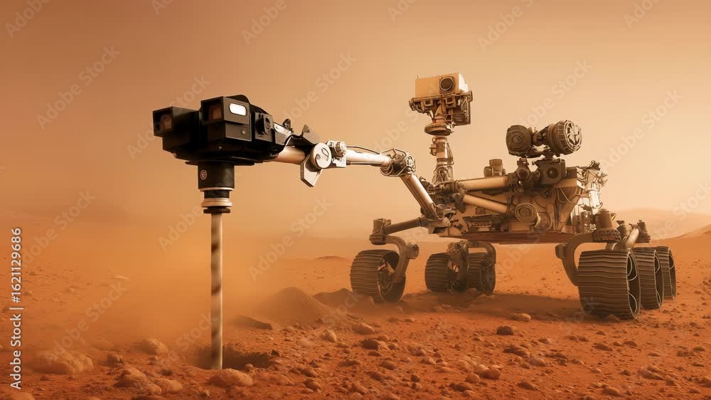 Poster advanced robotic rover investigating rocky terrain, extending mechanical arm with scientific instrum
