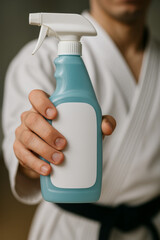 Karate athlete presenting cleaning detergent spray bottle with blank label