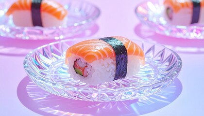 Close Up of Salmon Sushi on Crystal Plates with Purple Back Lighting