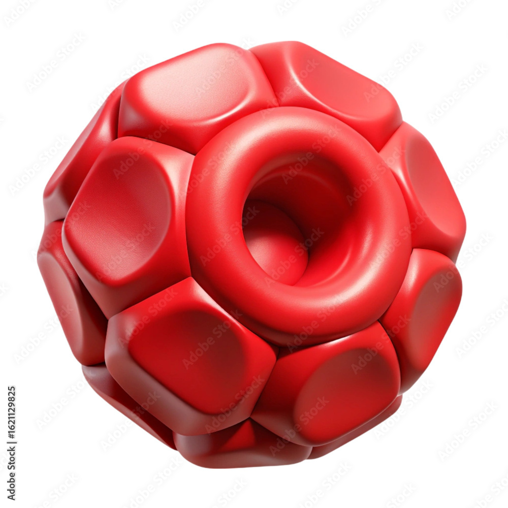 Poster abstract red spherical shape with 3d geometric elements isolated on a black background