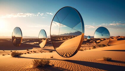 Abstract Circular Mirrors Reflecting Desert Landscape Under Blue Sky