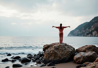 Woman on Rock at Ocean Shore with Mountain View