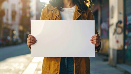 Woman Holding Blank White Sign Board on City Street in Warm Tone Lighting
