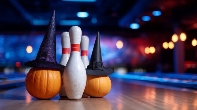 Bowling pins and pumpkins wear witch hats on a bowling lane. The scene is illuminated with colorful lights, creating a festive atmosphere. copy space - Powered by Adobe