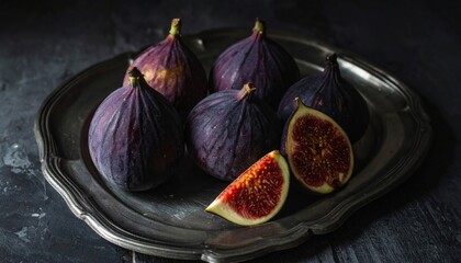 Arrangement of Purple Figs on Silver Plate Against a Dark Textured Backdrop