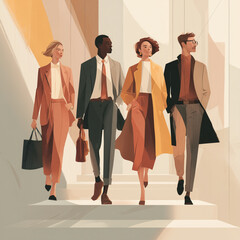 Four people dressed in business attire walk up a set of stairs. The man in the middle is wearing a tie
