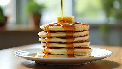Stack fluffy pancakes on white plate with pouring syrup, butter on top, cozy dining background - delicious breakfast food, brunch, sweet treat, dessert, morning meal concept