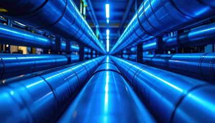 Industrial Metallic Pipeline System with Blue Lighting and Clean Perspective View