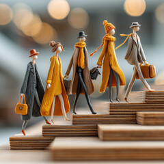 A group of people dressed in winter clothing are walking up a set of wooden stairs. The scene is set in a mall, with the people carrying handbags and backpacks. Scene is casual and relaxed