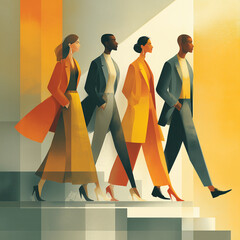 A group of people walking up a set of stairs. The people are dressed in business attire and are walking in a line. Concept of professionalism and formality