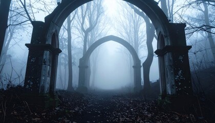 Foggy Forest with Stone Arches Trees and Dim Light Pixelated Low Resolution