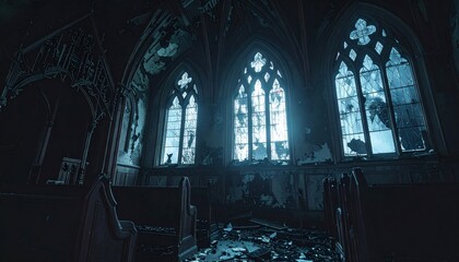 Dramatic Gothic Architecture Featuring Ornate Windows in a Dimly Lit Church
