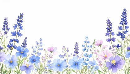 Watercolor Floral Border with Blue Lavender and Pink Flowers on White