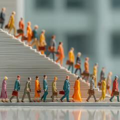 A group of people are walking up a set of stairs. The people are dressed in business attire and carrying briefcases. The scene is set in a city, with a tall building in the background