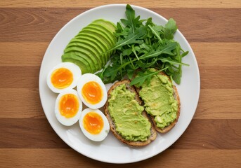 Healthy breakfast plate with avocado toast boiled eggs and greens