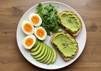 Healthy breakfast plate with avocado toast and boiled eggs