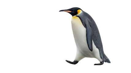 Fototapeta premium Emperor penguin walking sideways on ice with wet feather details and natural cold light, real look, full view, on white background, 4k, unique, no blur, clear view