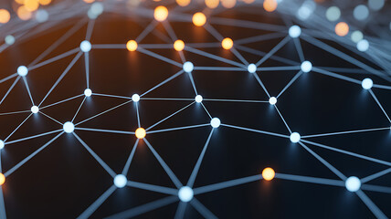 Abstract Digital Network Visualization Glowing Nodes Connected by White Lines Dark Background