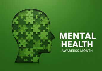 Mental health awareness puzzle head silhouette on green background