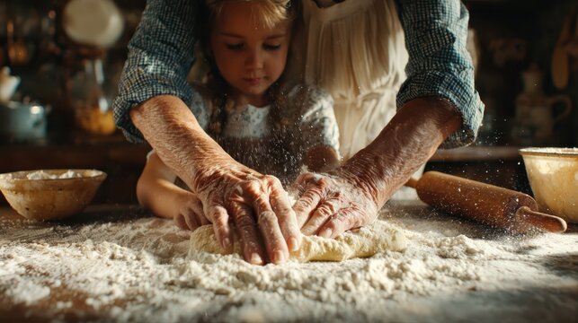 Grandmother teaching her granddaughter how to knead dough in a rustic kitchen, passing down culinary traditions and creating lasting memories together