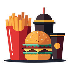 Burger, fries, and drink combo meal on White Background