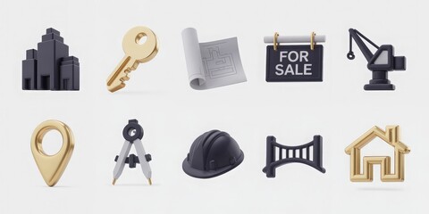 Set of 10 3D icons real estate and architecture on a white background