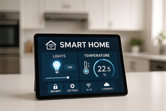 Photorealistic smart home dashboard on tablet controlling lights and temperature clean white kitchen counter blurred background modern living home automation innovation