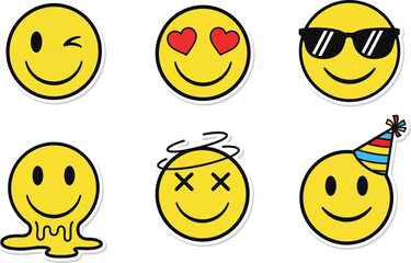Yellow Smiley Face Sticker Set with Various Expressions

