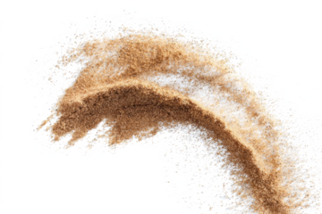 Sand flying explosion, Golden sand wave explode. Abstract sands cloud fly. Yellow colored sand splash throwing in Air. White background Isolated high speed shutter, throwing freeze stop motion, png