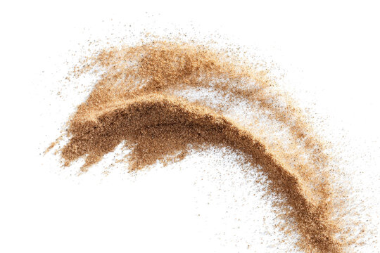 Sand flying explosion, Golden sand wave explode. Abstract sands cloud fly. Yellow colored sand splash throwing in Air. White background Isolated high speed shutter, throwing freeze stop motion, png