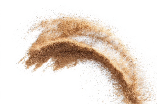Sand flying explosion, Golden sand wave explode. Abstract sands cloud fly. Yellow colored sand splash throwing in Air. White background Isolated high speed shutter, throwing freeze stop motion, png