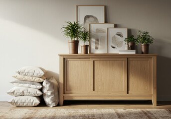 Light wood cabinet with stacked pillows and framed art