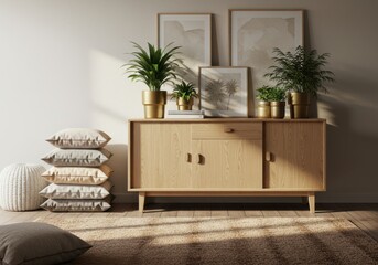 Mid century modern sideboard with plants and artwork