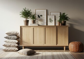 Modern rattan sideboard with artwork and cushions