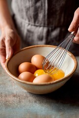 Hands are seen whisking bright yellow egg yolks in a bowl filled with whole brown eggs. The cozy kitchen provides a warm, inviting atmosphere for cooking