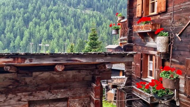 Valais Canton of Switzerland . Most beautiful Swiss villages - pretty Griementz with traditional wooden houses and floral streets. popular tourist attraction.
4k hd video
