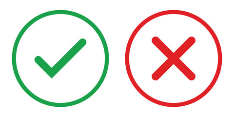 Right and wrong vector icon set rounded color black outline, flat rounded check mark, cross, x mark, circle shape thin line tick mark symbol. Approval and rejection signs isolated on white background © Adobe boss