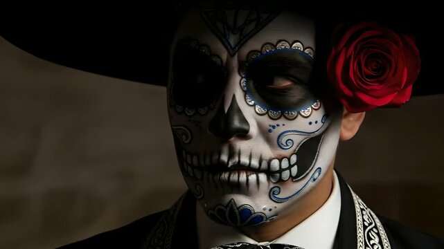 Dia de los Muertos portrait: Man with sugar skull makeup, rose, and traditional suit. Celebrates Day of the Dead, Halloween, Mexican heritage, and cultural traditions. Perfect for event promotions.