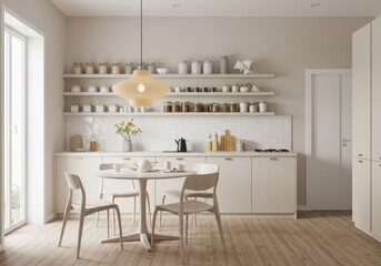 Bright and airy kitchen with dining area and open shelving