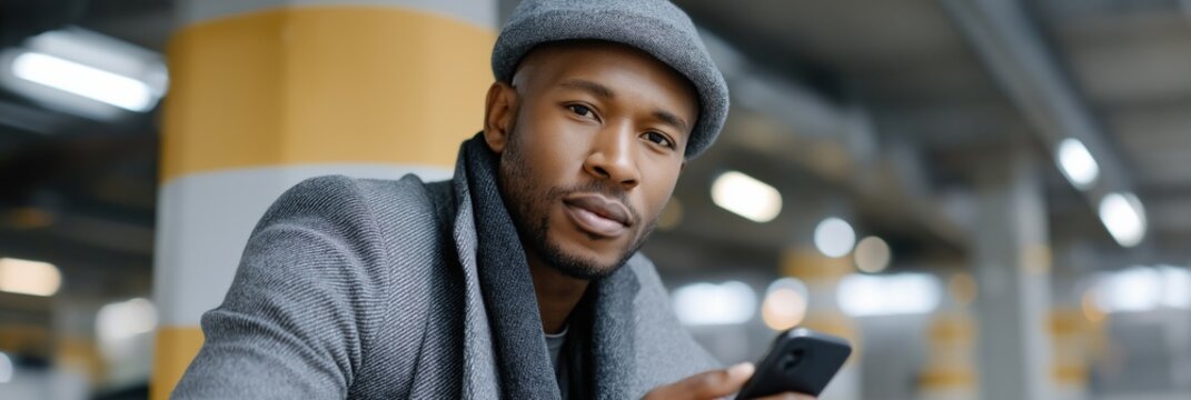 Confident young african male holding smartphone in urban setting