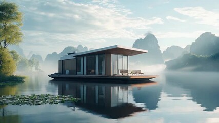 Modern floating house on a serene lake with misty mountain view - Powered by Adobe
