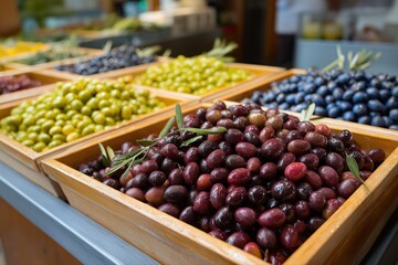 Assorted olives in wooden trays at a market stall