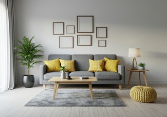 Modern living room with gray sofa and yellow accents