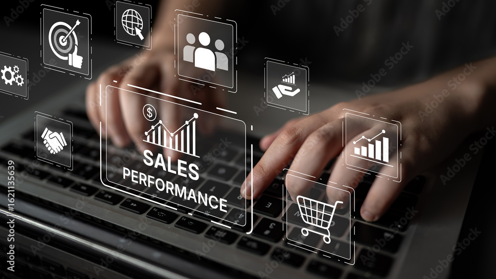 Poster digital sales performance dashboard showing sales performance metrics, performance trends, sales per