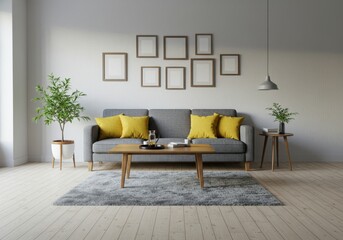 Modern living room with gray sofa and yellow accent pillows