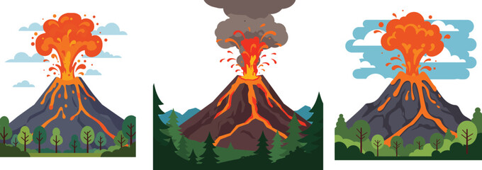 Explosive Volcano Eruption Vector Set with Lava, Smoke, and Forest Landscape – Natural Disaster Illustration