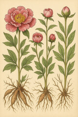 Vintage botanical illustration of blooming peonies various growth stages lush green leaves detailed roots cream background intricate linework rich watercolor 19th century style