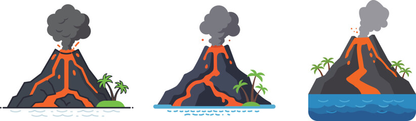 Volcano Eruption Vector Set with Ocean, Palm Trees, and Lava Flow – Flat Island Icons