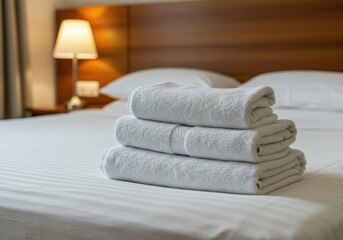 Freshly folded white towels stacked on a hotel bed